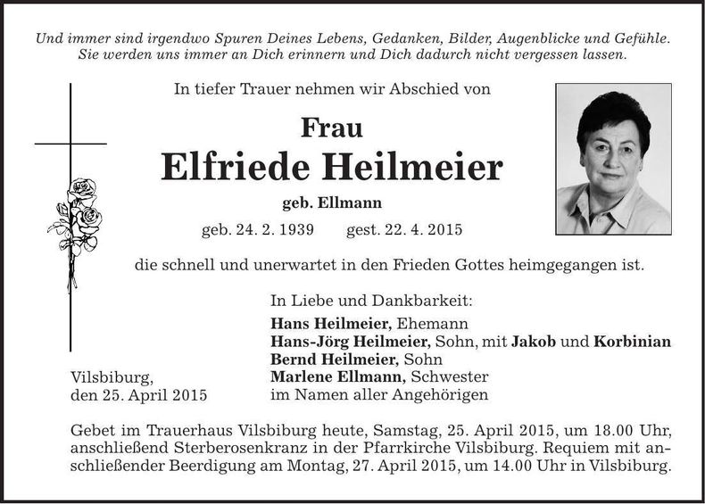 Traueranzeige Elfriede Heilmeier