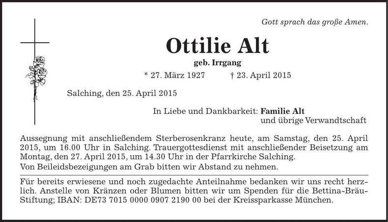 Traueranzeige Ottilie Alt