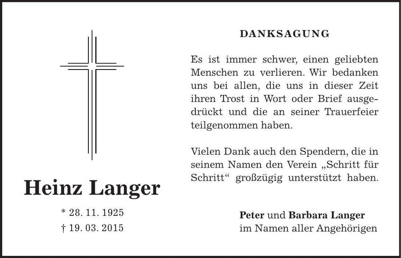 Traueranzeige Heinz Langer