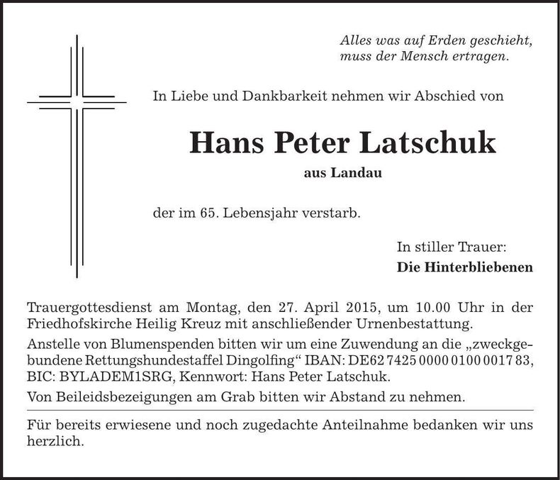 Traueranzeige Hans Peter Latschuk