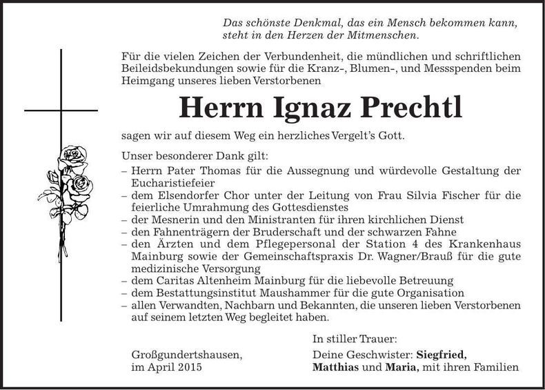 Traueranzeige Ignaz Prechtl