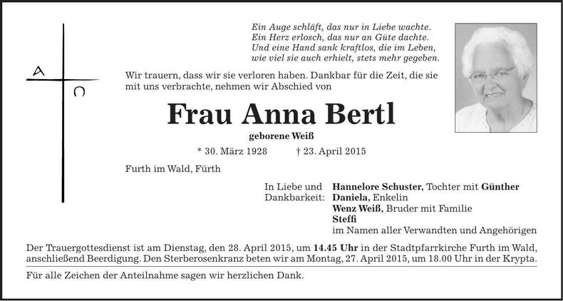 Traueranzeige Anna Bertl