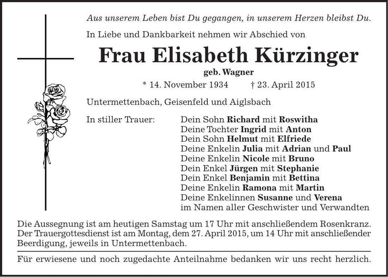 Traueranzeige Elisabeth Kürzinger