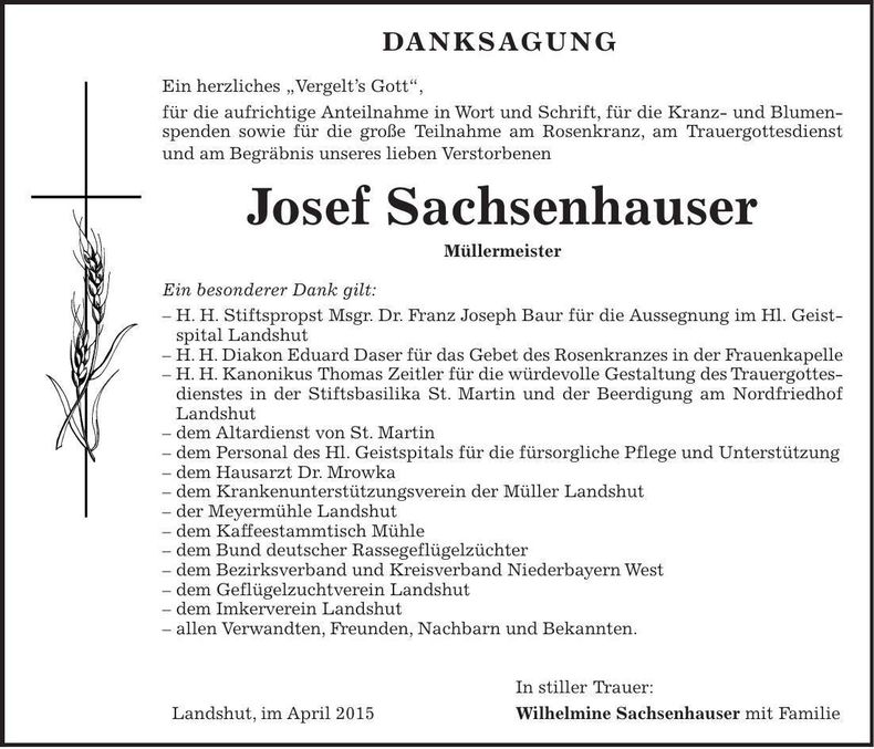 Traueranzeige Josef Sachsenhauser