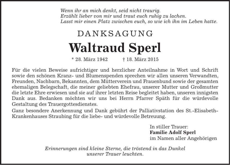 Traueranzeige Waltraud Sperl