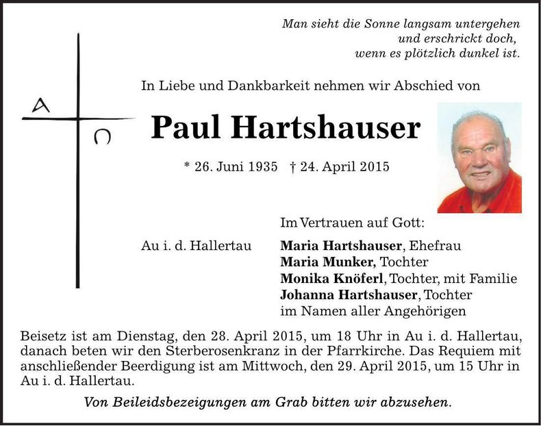 Traueranzeige Paul Hartshauser