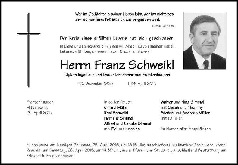 Traueranzeige Franz Schweikl