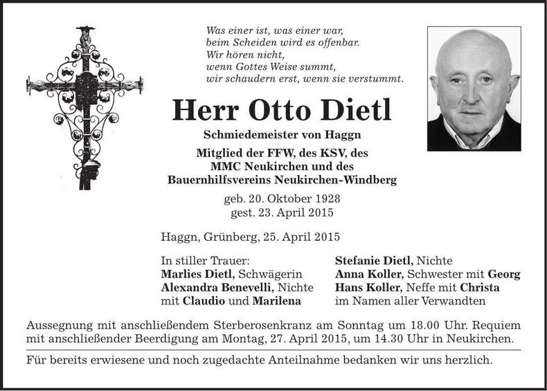 Traueranzeige Otto Dietl