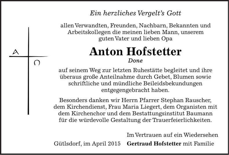 Traueranzeige Anton Hofstetter