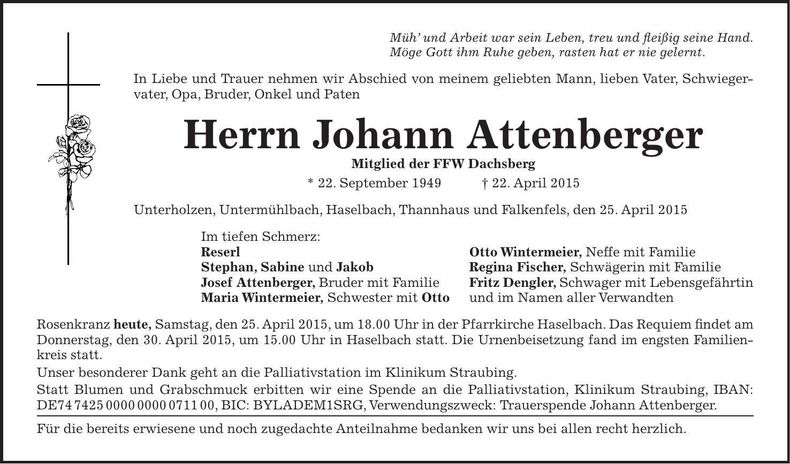 Traueranzeige Johann Attenberger
