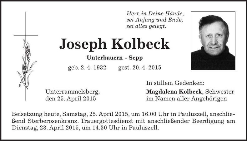 Traueranzeige Joseph Kolbeck