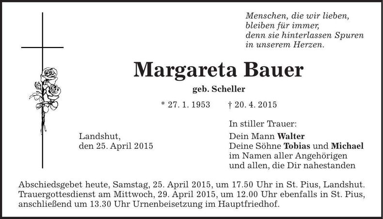 Traueranzeige Margareta Bauer