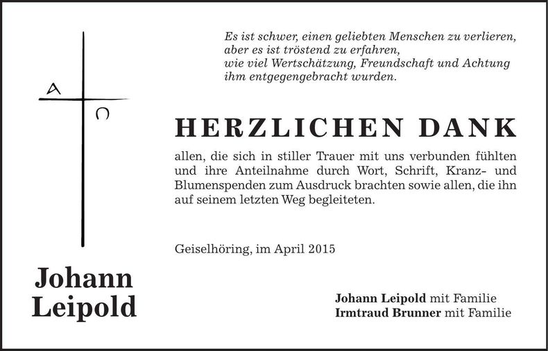 Traueranzeige Johann Leipold