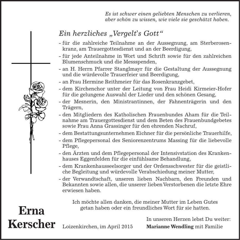 Traueranzeige Erna Kerscher
