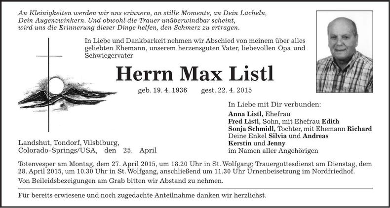 Traueranzeige Max Listl
