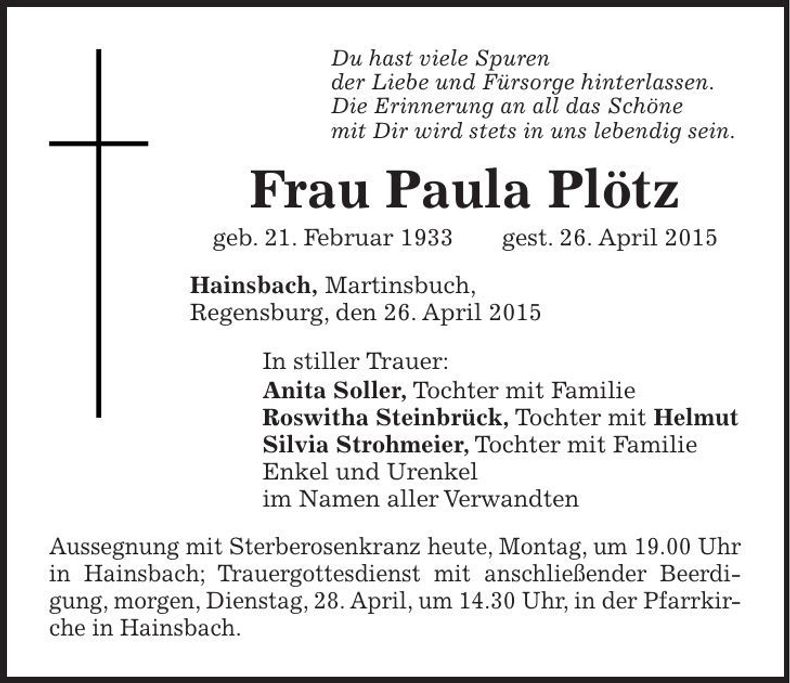 Traueranzeige Paula Plötz