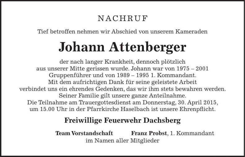 Traueranzeige Johann Attenberger