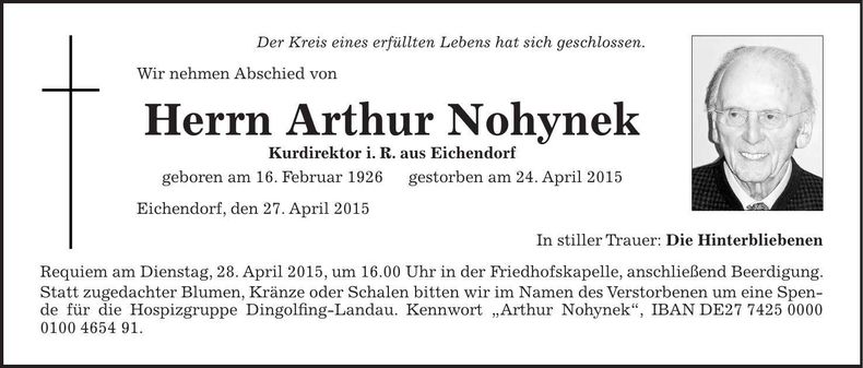 Traueranzeige Arthur Nohynek