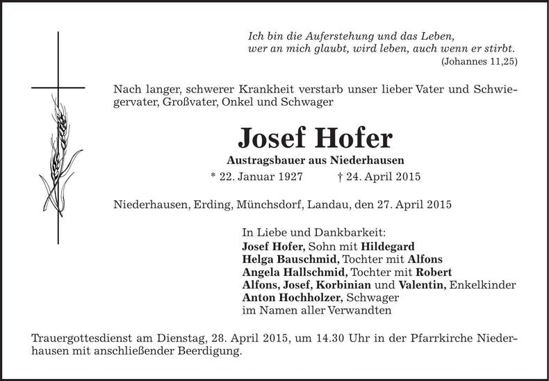 Traueranzeige Hofer Josef