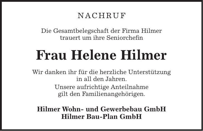 Traueranzeige Helene Hilmer