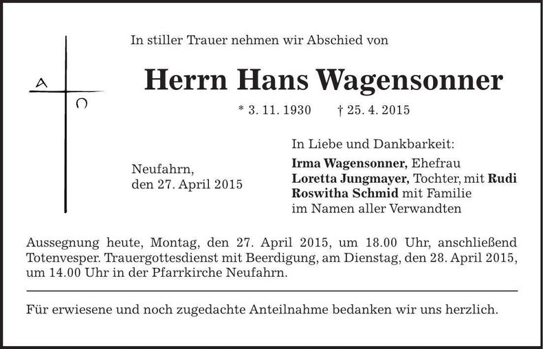 Traueranzeige Hans Wagensonner