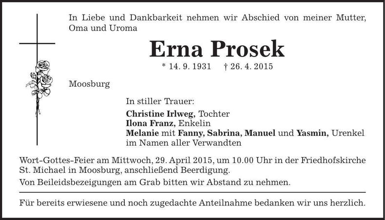 Traueranzeige Erna Prosek