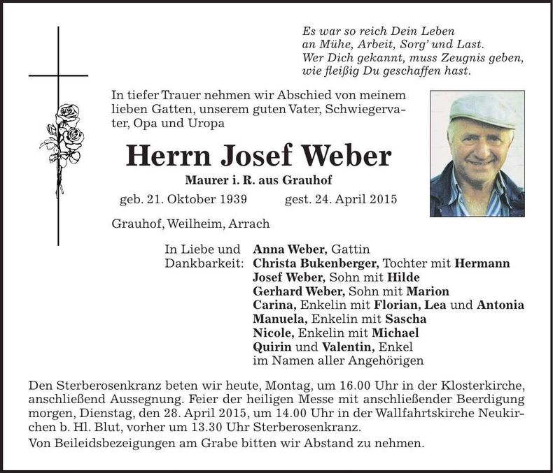 Traueranzeige Josef Weber