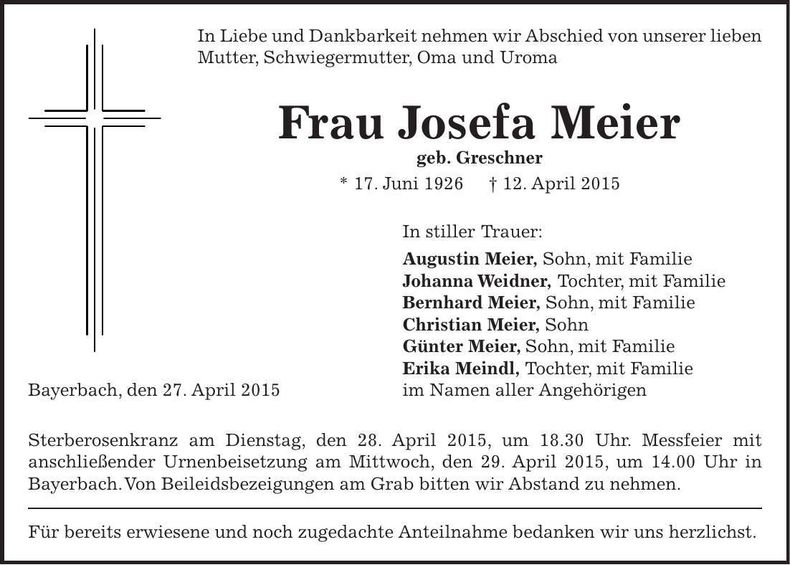 Traueranzeige Josefa Meier