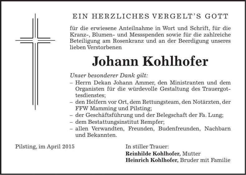 Traueranzeige Johann Kohlhofer