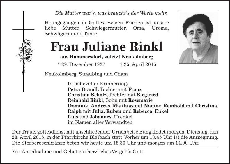 Traueranzeige Juliane Rinkl