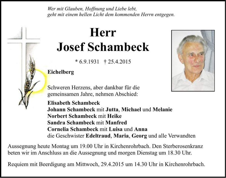 Traueranzeige Josef Schambeck