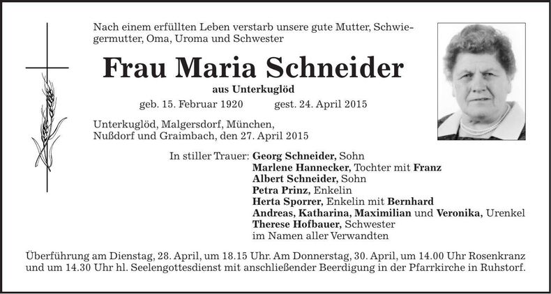 Traueranzeige Maria Schneider
