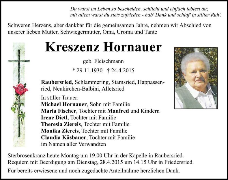 Traueranzeige Kreszenz Hornauer