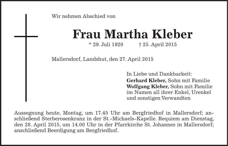 Traueranzeige Martha Kleber