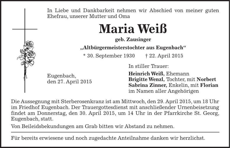 Traueranzeige Maria Weiß