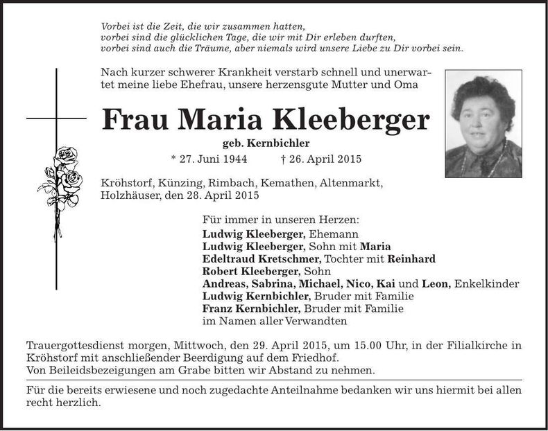 Traueranzeige Maria Kleeberger