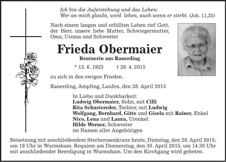 Traueranzeige Frieda Obermaier