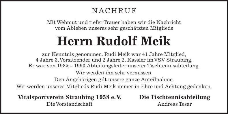 Traueranzeige Rudolf Meik