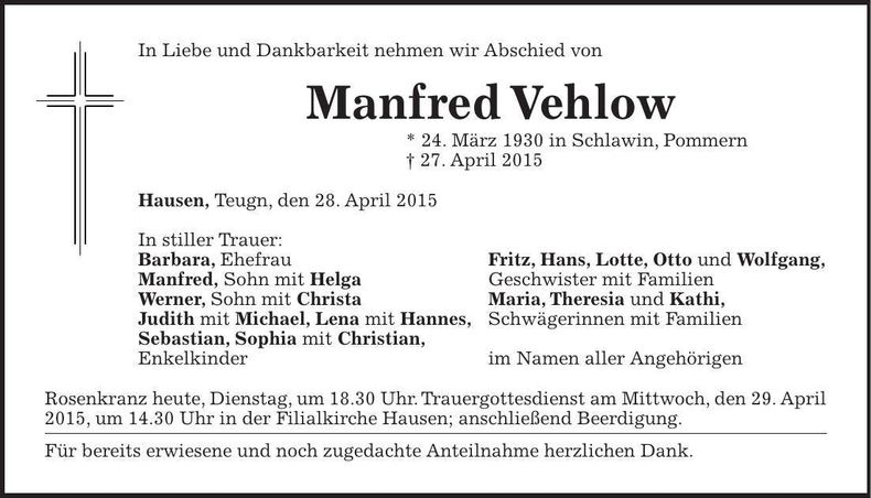 Traueranzeige Manfred Vehlow