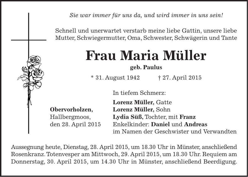 Traueranzeige Maria Müller