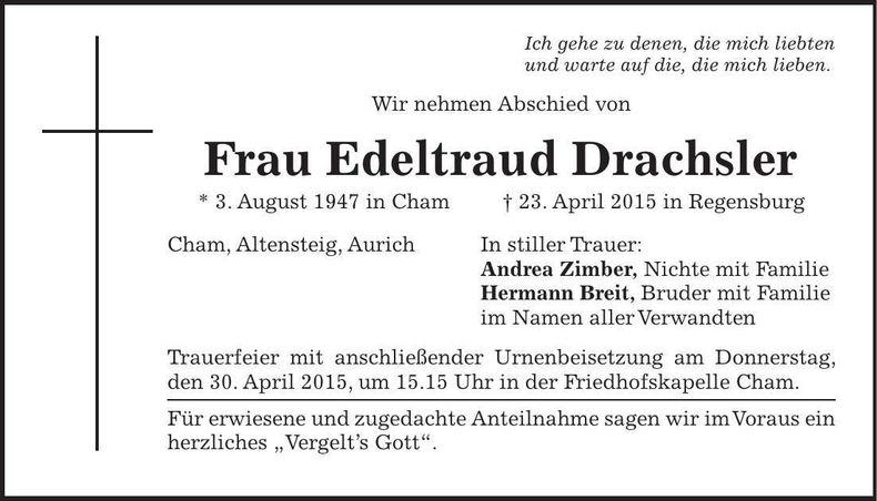 Traueranzeige Edeltraud Drachsler