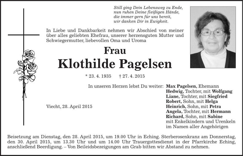 Traueranzeige Klothilde Pagelsen