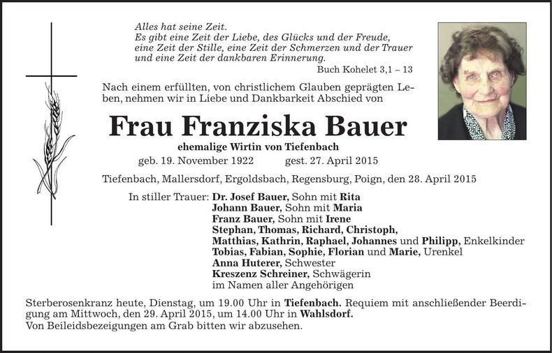 Traueranzeige Franziska Bauer