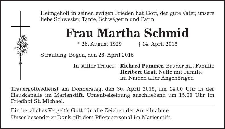 Traueranzeige Martha Schmid
