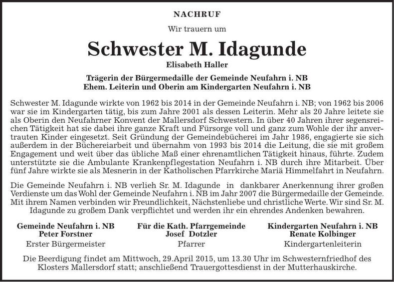 Traueranzeige Elisabeth Schwester M. Idagunde Haller
