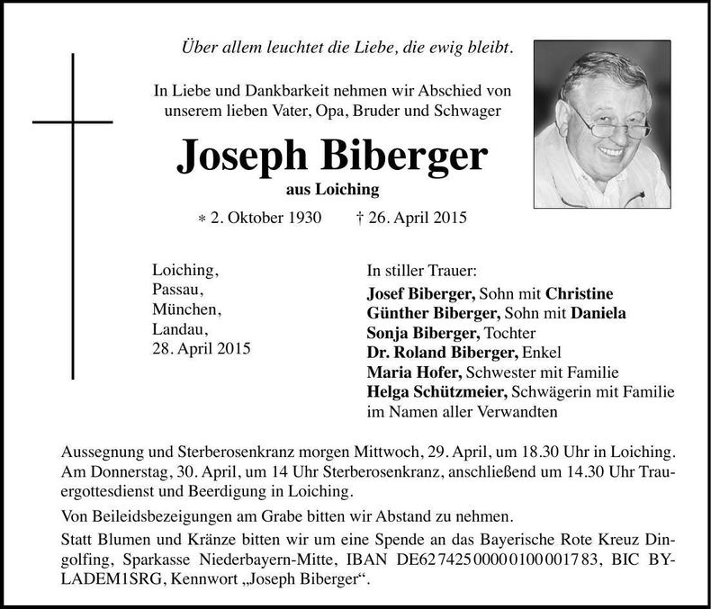 Traueranzeige Joseph Biberger