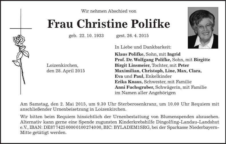 Traueranzeige Christine Polifke