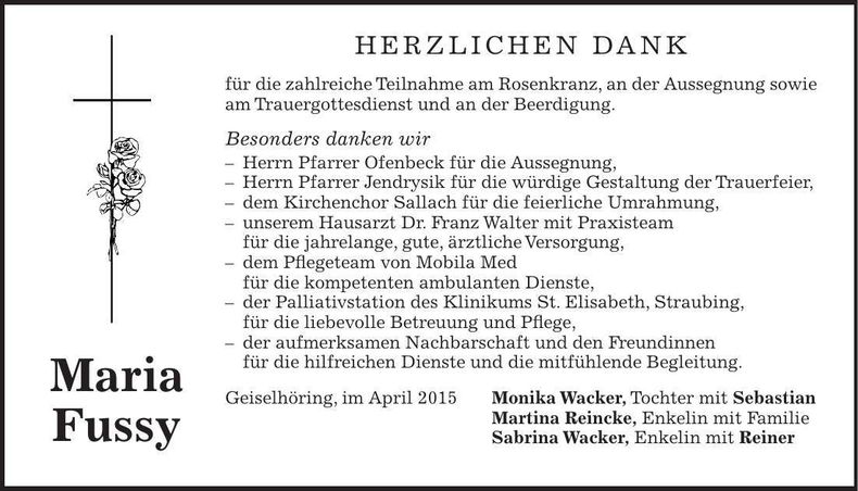 Traueranzeige Maria Fussy
