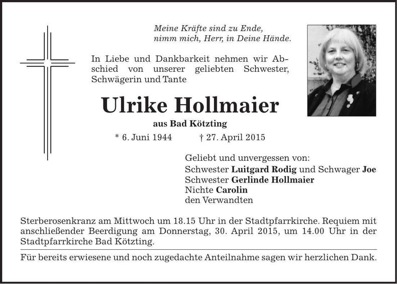 Traueranzeige Ulrike Hollmaier