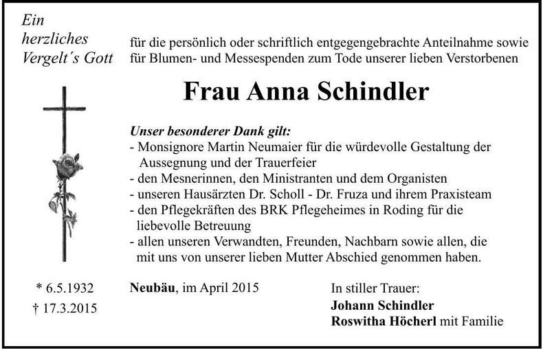 Traueranzeige Anna Schindler